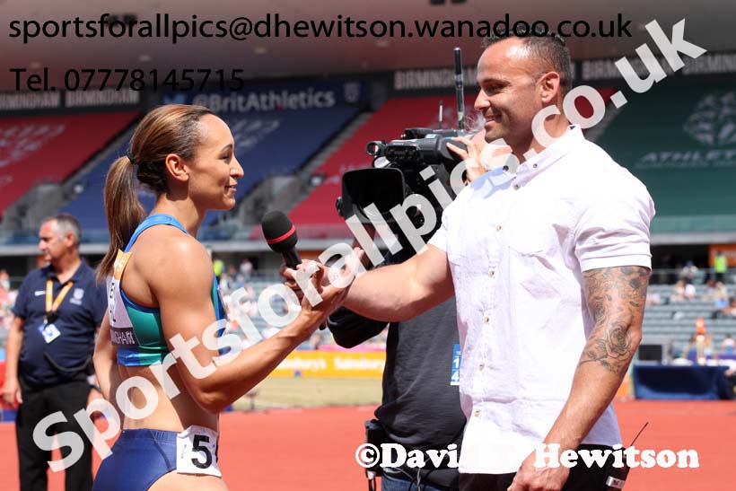 Jessica Ennis-Hill interviewed after the 100 metres hurdles, Sainsbury's British Champs, Alexander Stadium, Birmingham. Photo: David T. Hewitson/Sprts for All Pics